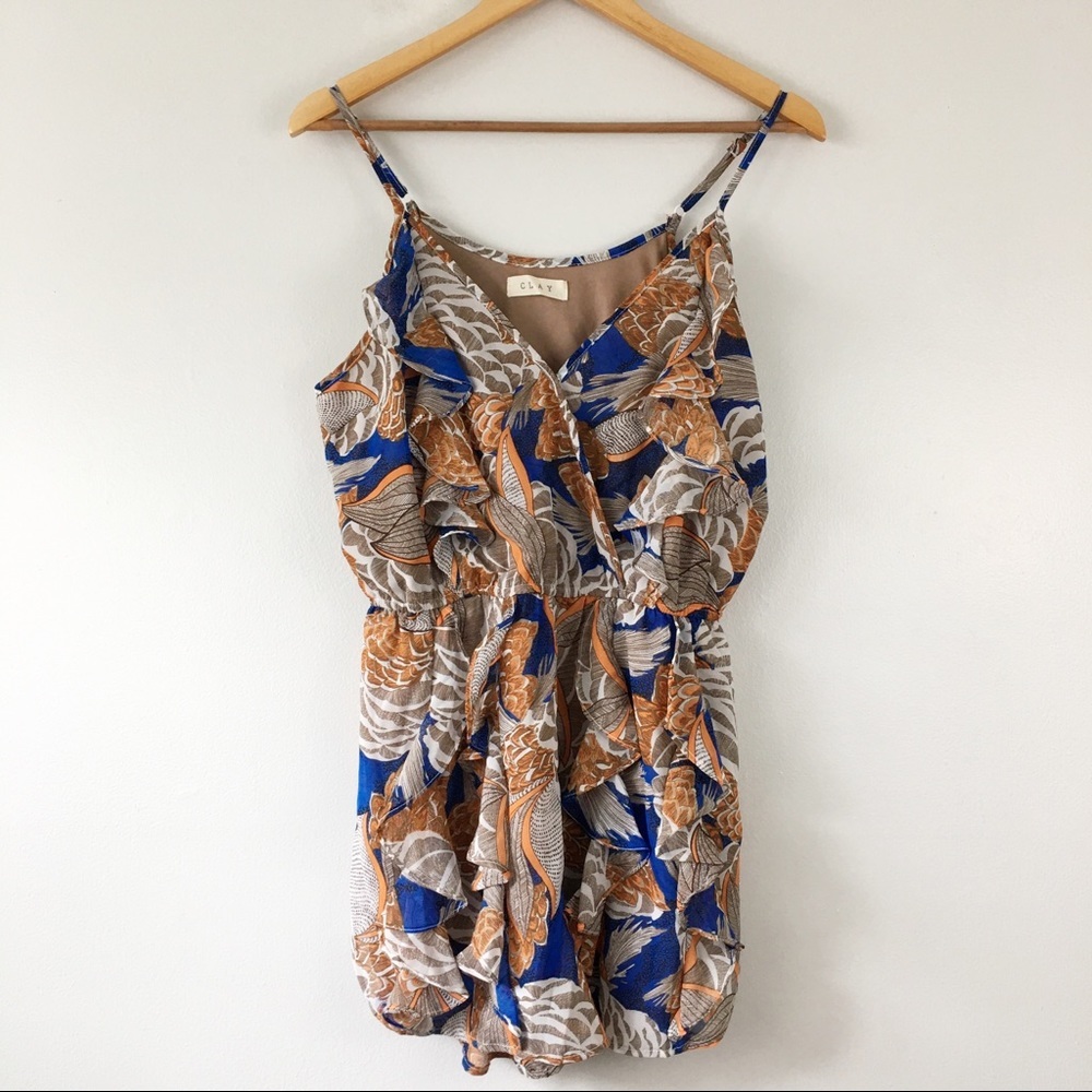 Clay Floral Ruffled V-neck Spaghetti Strap Tropical Romper Size L